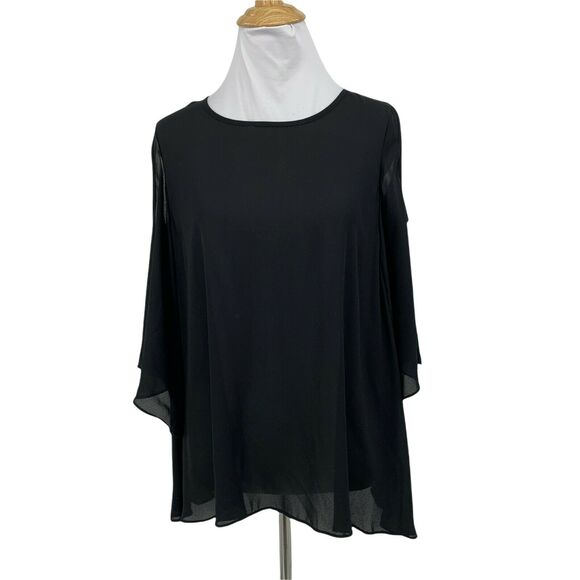 Sam Edelman Chiffon Blouse Women's Size L Black Cold Shoulder Keyhole Back Top - Picture 1 of 10